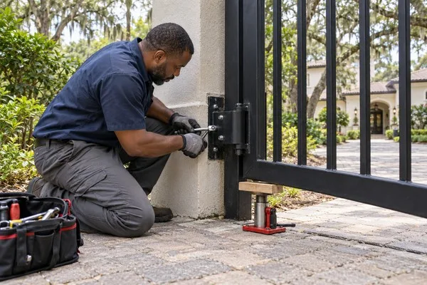 Technician adjusts a driveway gate hinge with a socket wrench while a jack supports the gate frame.