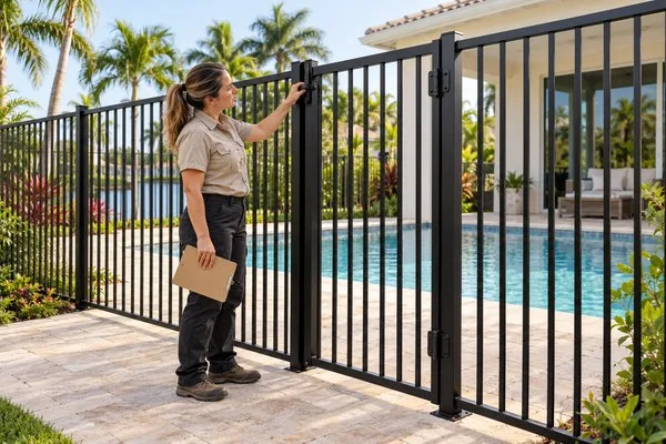 Fence contractor checks the latch on a black aluminum gate surrounding a backyard swimming pool.