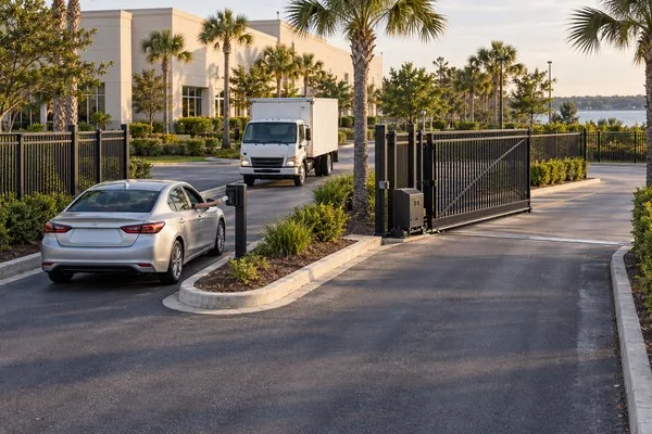 Driver uses an access reader beside a commercial sliding gate, with a delivery truck near the entrance.